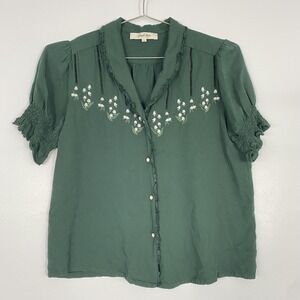 Simple Retro Blouse Womens Medium Green Embroidered Floral Puff Sleeve Viscose